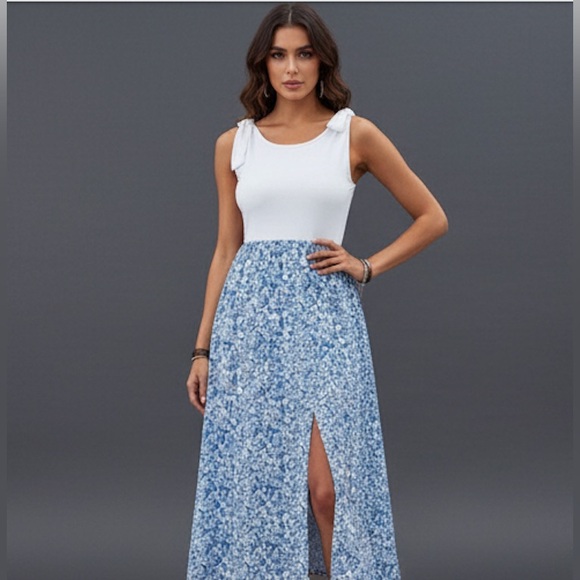 Blue Boho Floral Print Knot Shoulder Split Thigh Dress - Picture 4 of 5